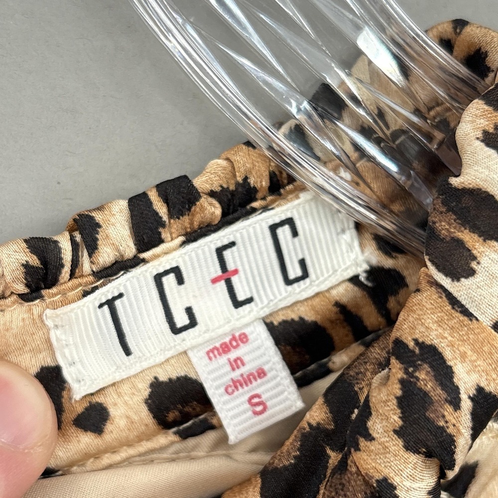 TCEC Dress Small Brown Leopard Long Sleeve Smocked Tiered Ruffle Fit Mini - Picture 7 of 11
